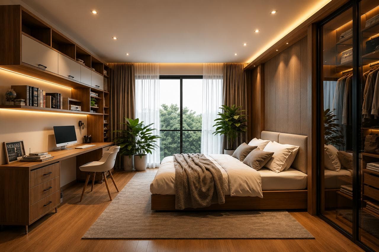 Modern bedroom with computer workstation and wall-to-wall bookshelves