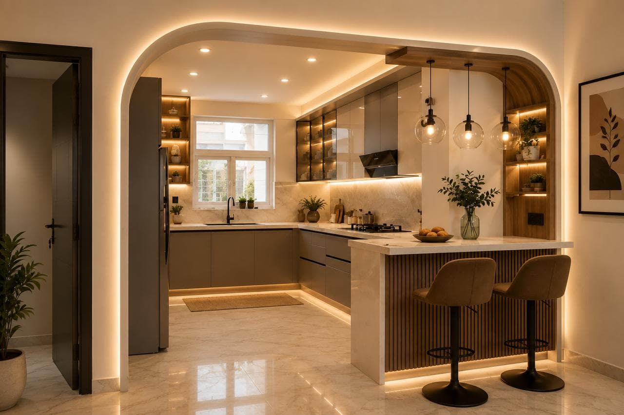 Open modular kitchen framed by an illuminated arch with breakfast counter seating