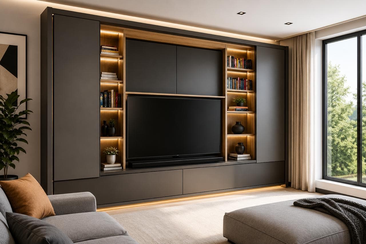 Modern dark TV unit with concealed cabinets and illuminated display shelves