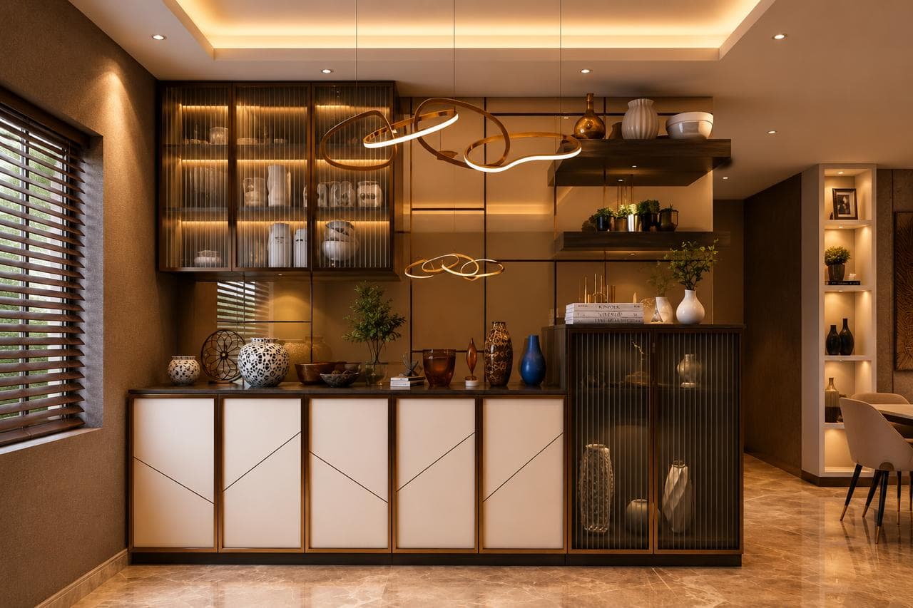 Luxury crockery display unit with glass cabinets and illuminated shelves