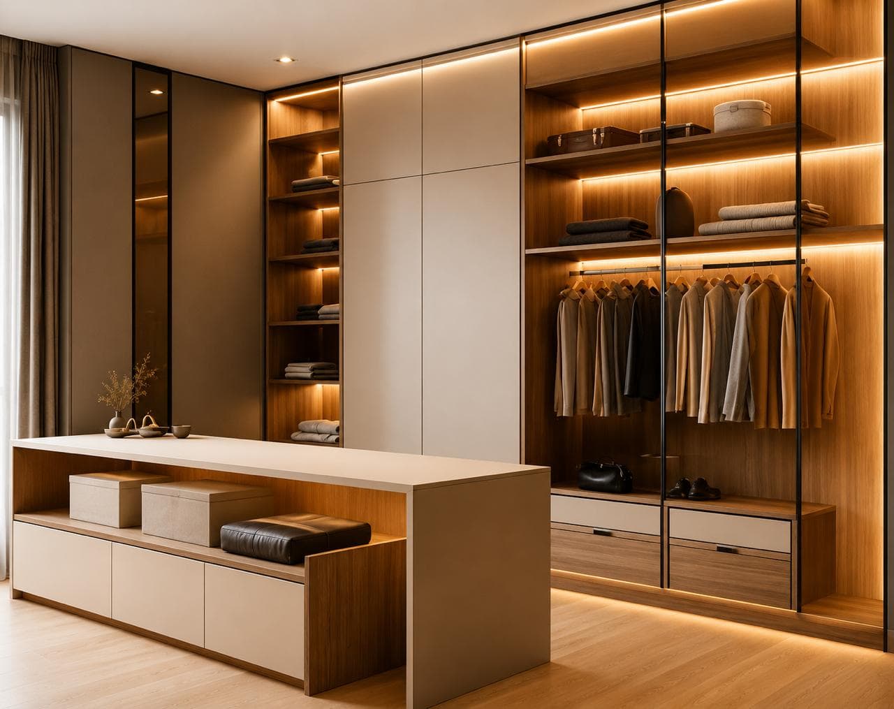 Floor-to-ceiling glass wardrobe with integrated lighting and storage island