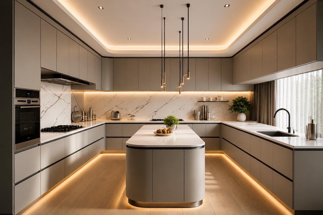 Modern grey island kitchen with marble backsplash and pendant lighting
