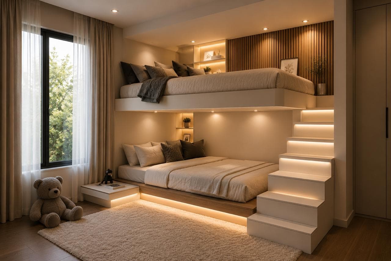 Space-saving kids bedroom with illuminated bunk beds and staircase storage