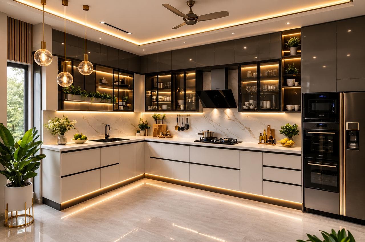 Luxury L-shaped modular kitchen with glass cabinets and integrated appliances