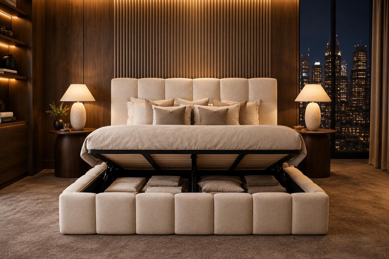 Luxury upholstered bed lifted upward to reveal concealed storage
