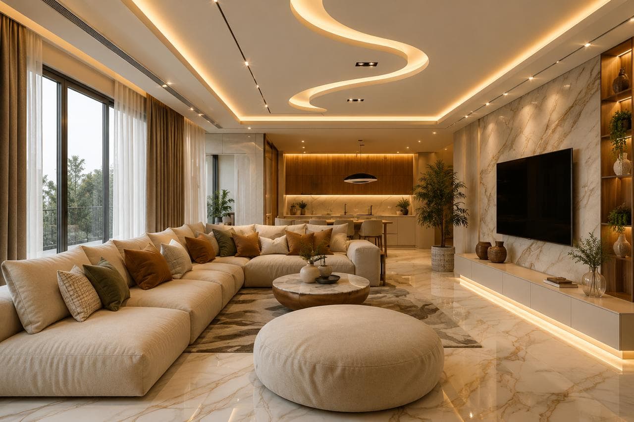Luxury open-plan living room with marble TV wall and adjoining kitchen