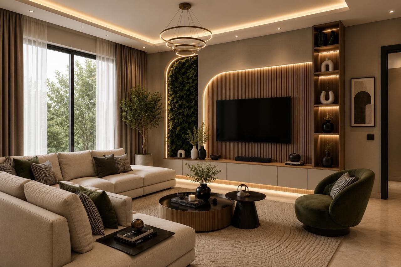 Luxury living room with curved wooden TV wall and indoor greenery
