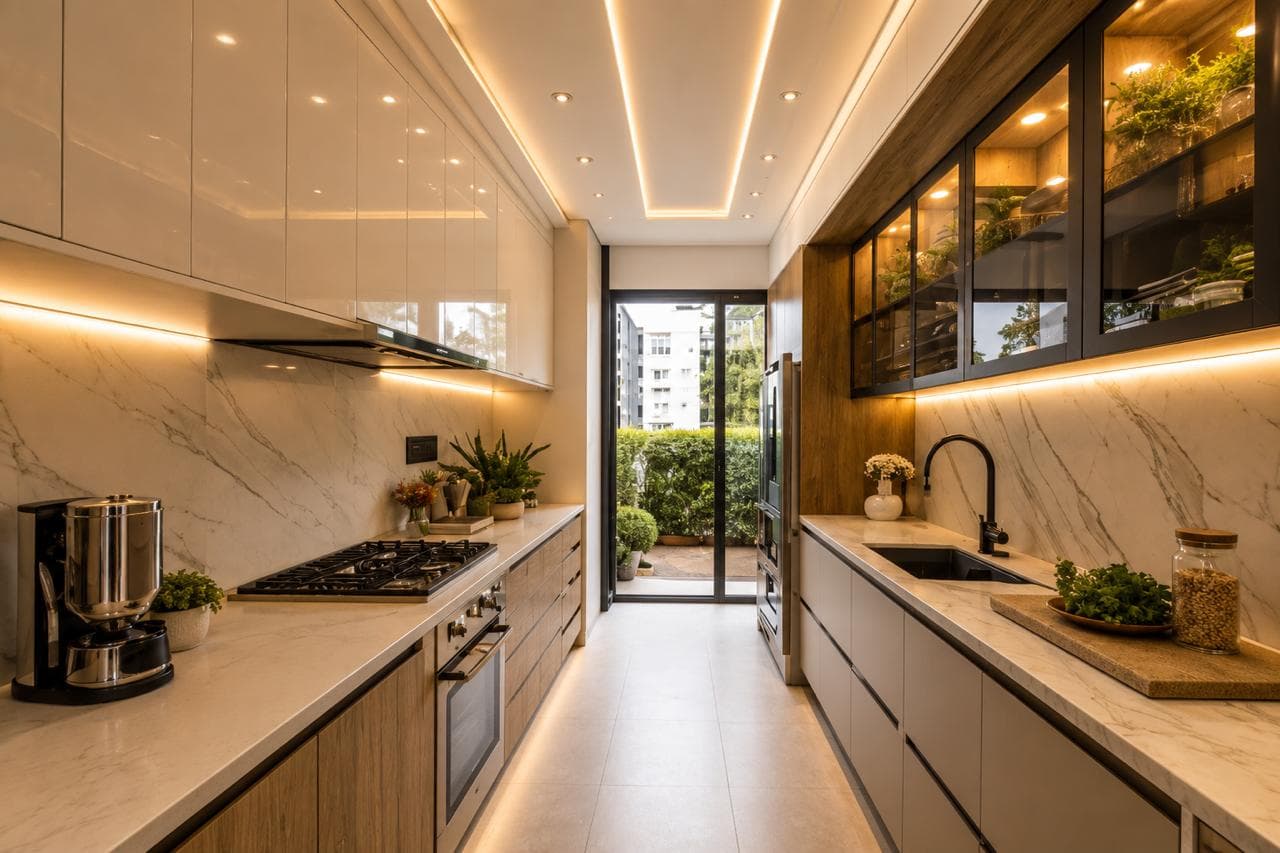 Bright parallel kitchen with marble backsplash and glass display cabinets