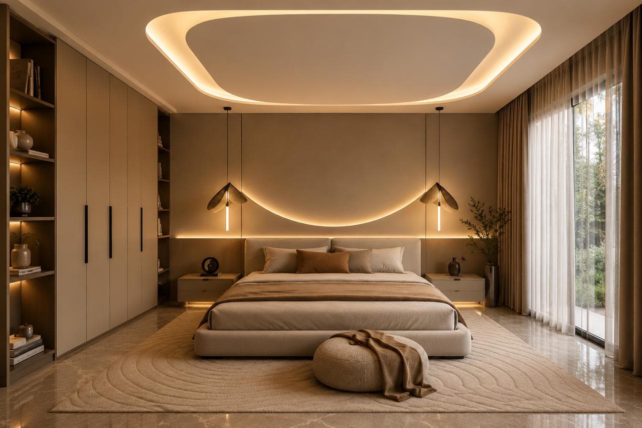 Premium master bedroom with upholstered bed and sculpted ceiling lighting