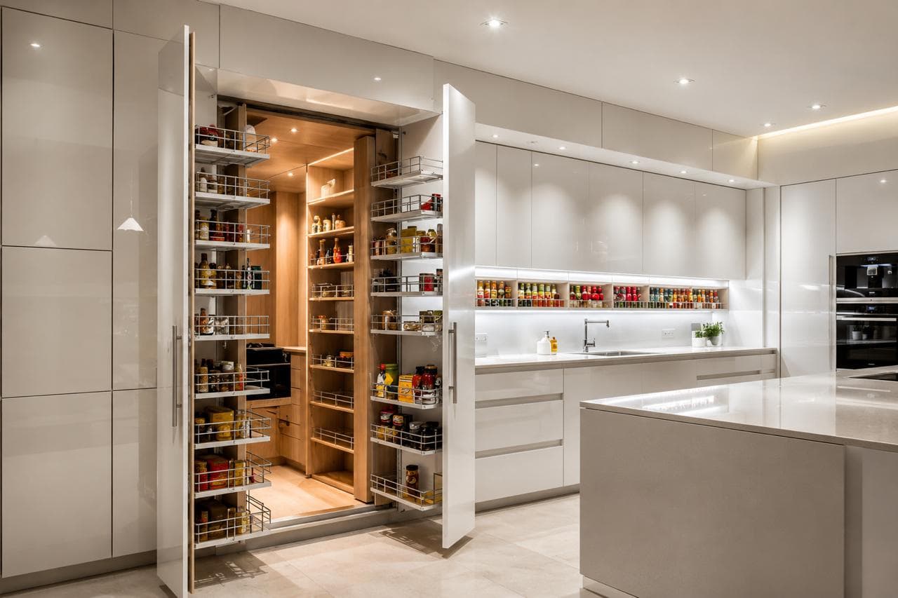 White kitchen with open walk-in pantry and pull-out storage racks