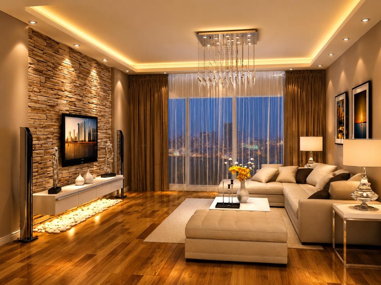 Premium living room with layered ceiling lighting and stone TV feature wall