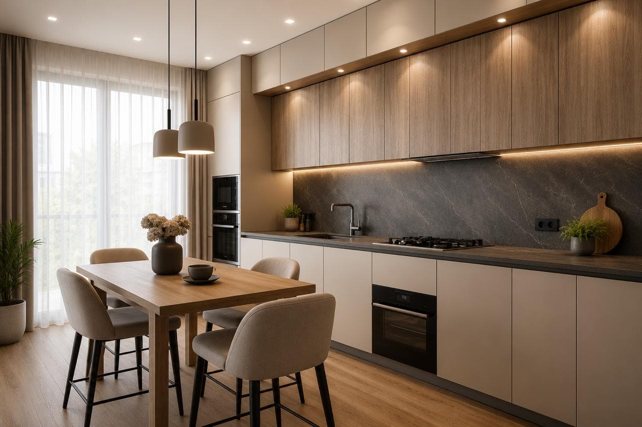Modern straight kitchen with wooden upper cabinets and dining table