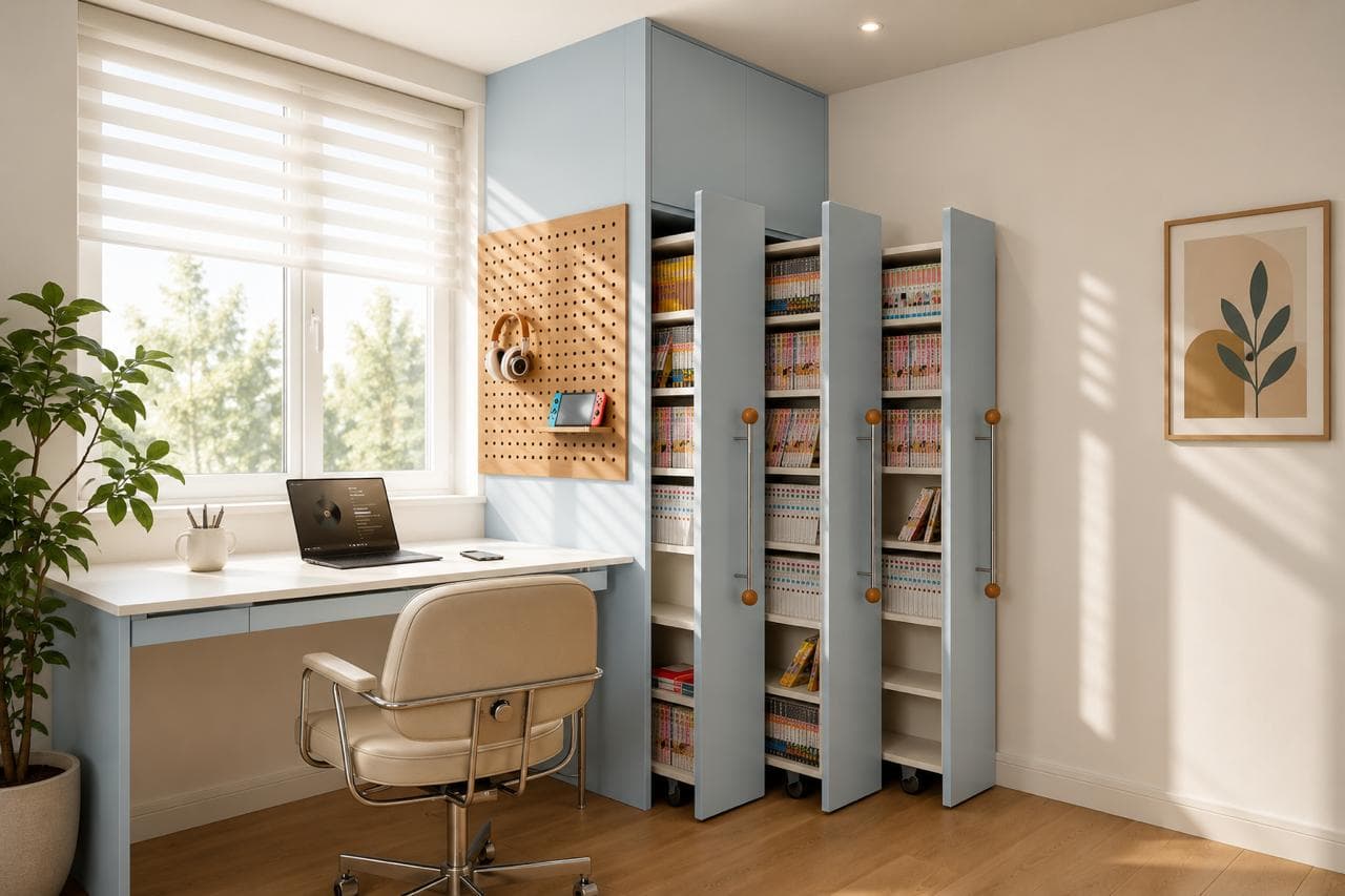 Space-saving study desk with pegboard and pull-out book storage