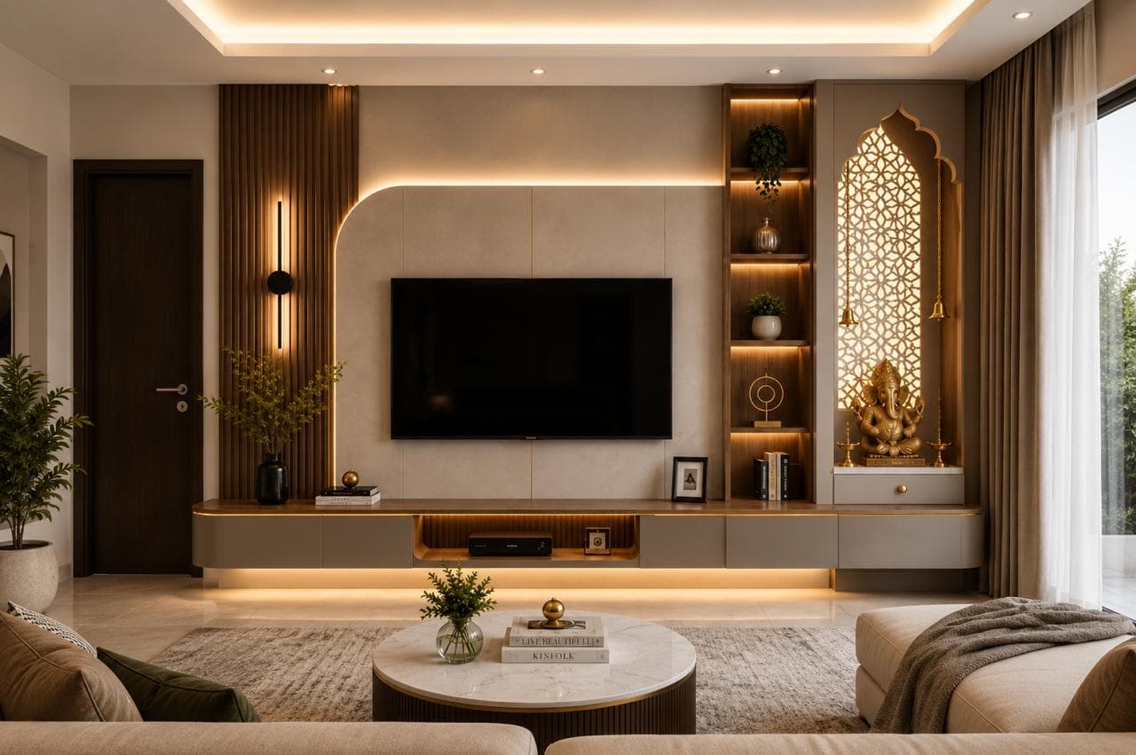 Living room TV unit with illuminated Ganesh mandir and pooja niche