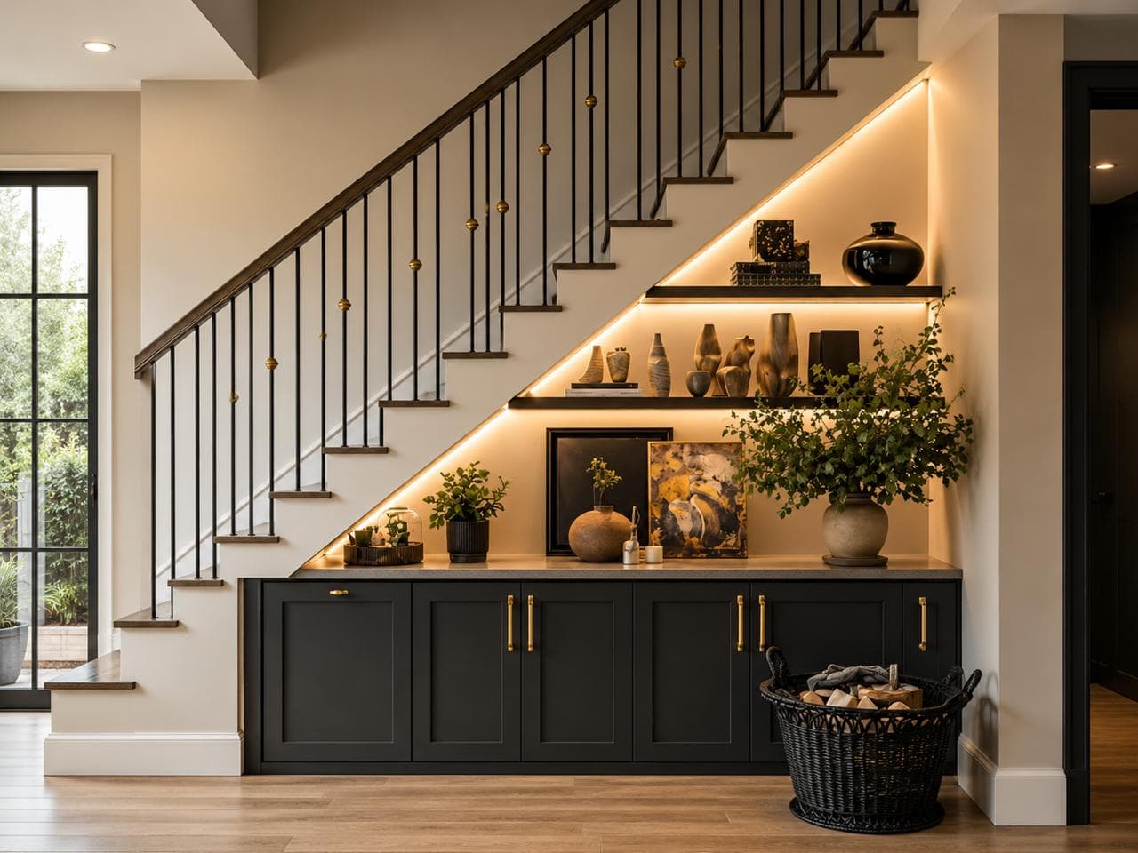 Under-stair storage cabinets with display shelves and warm lighting