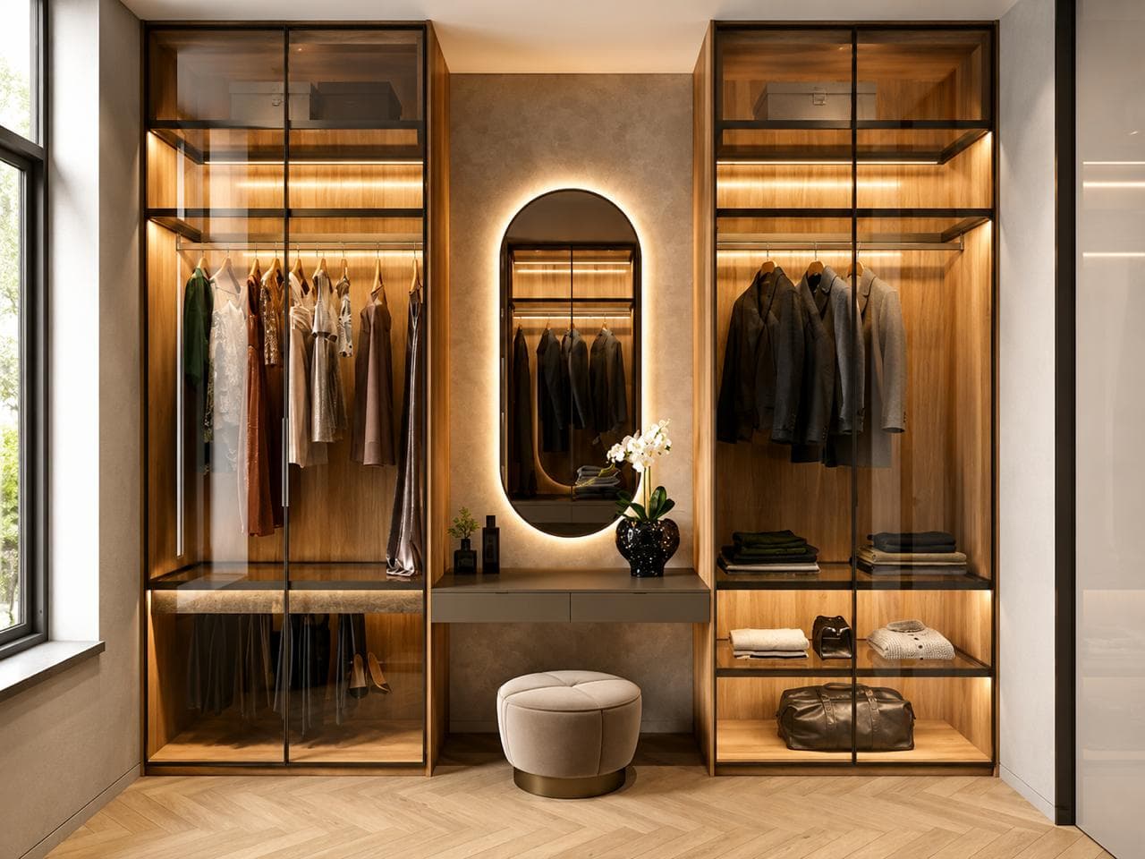 Integrated dressing unit between glass wardrobes with illuminated mirror