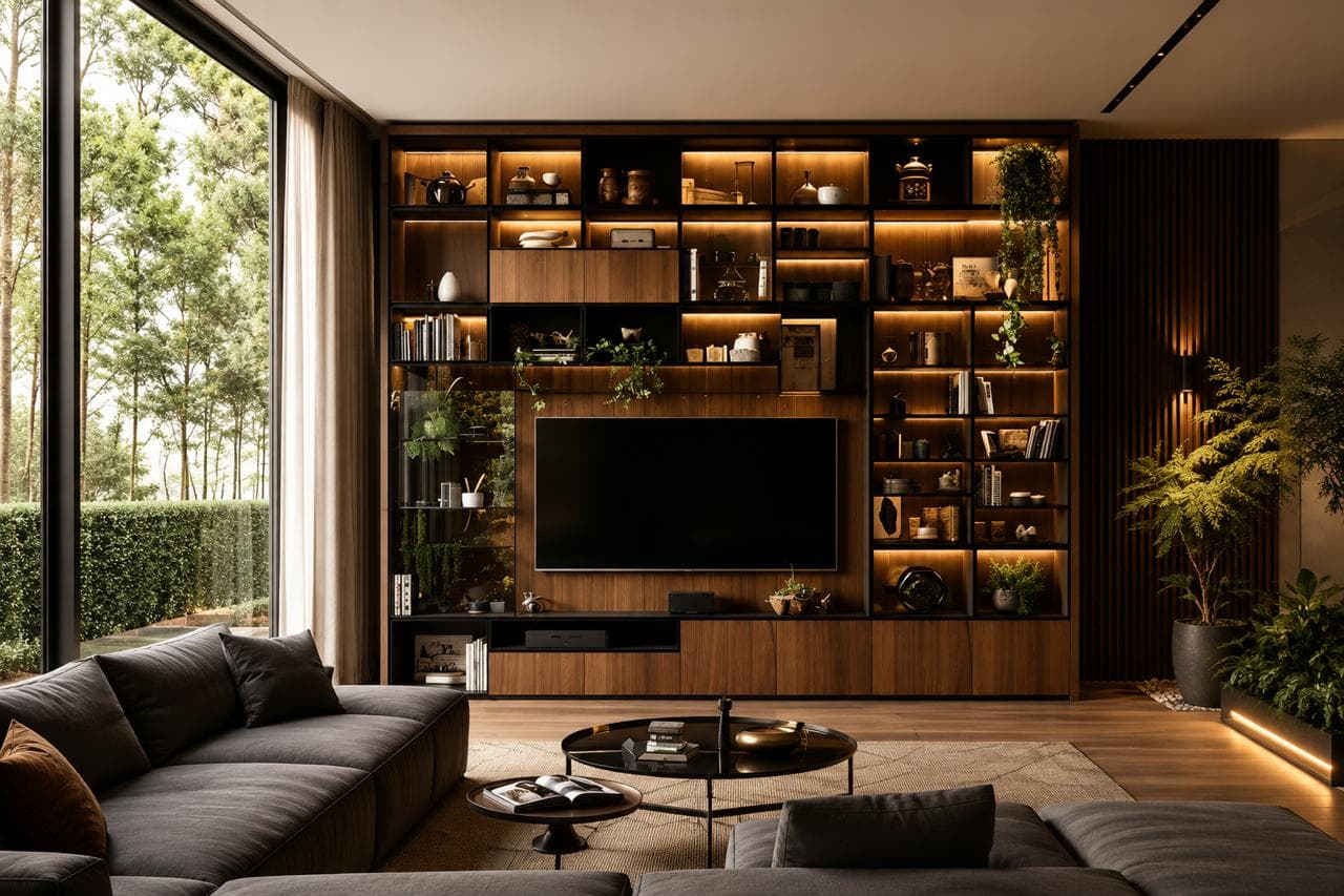 Living room with full-height wooden entertainment wall and illuminated display storage