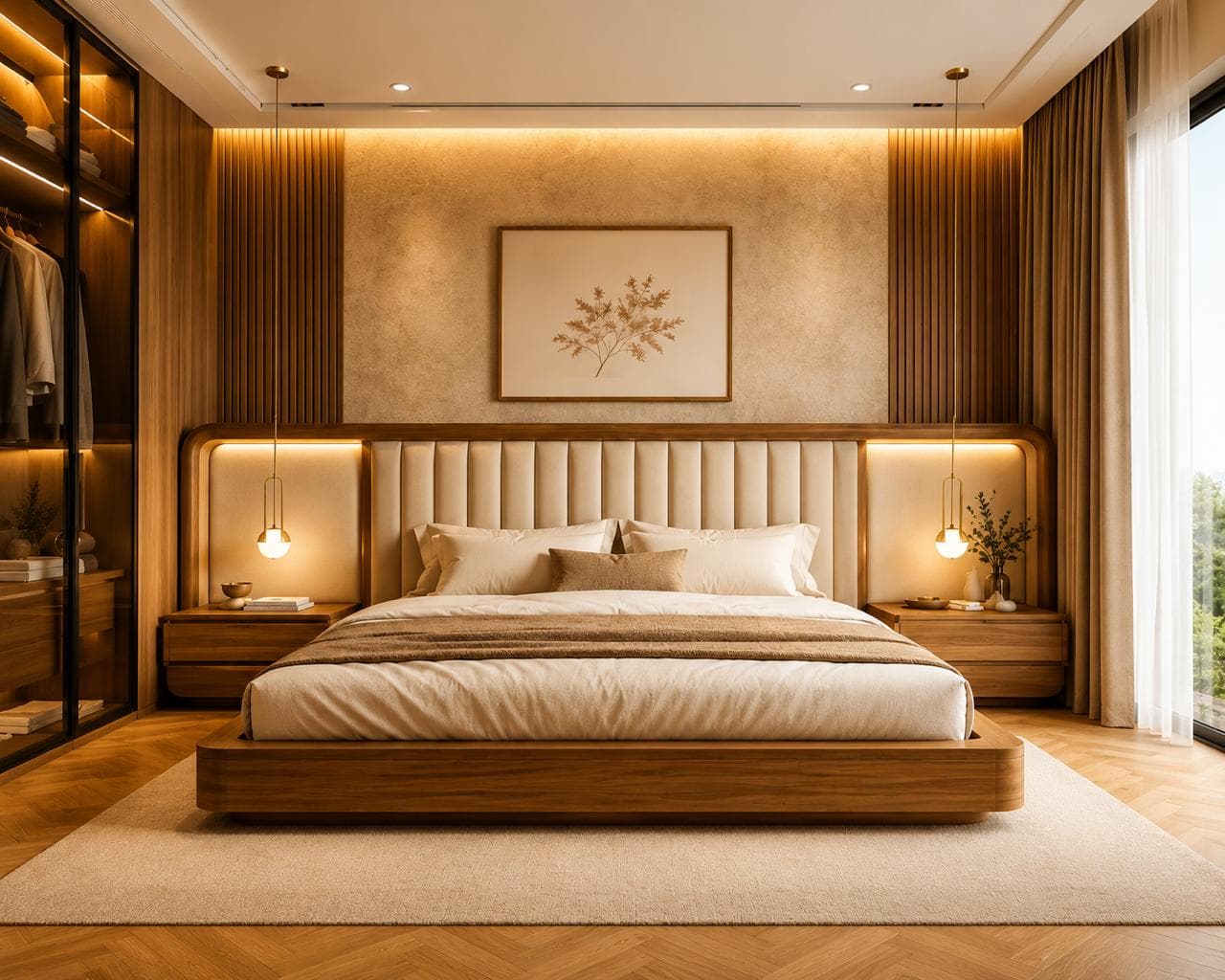 Welcoming guest bedroom with wooden headboard and balanced bedside lighting