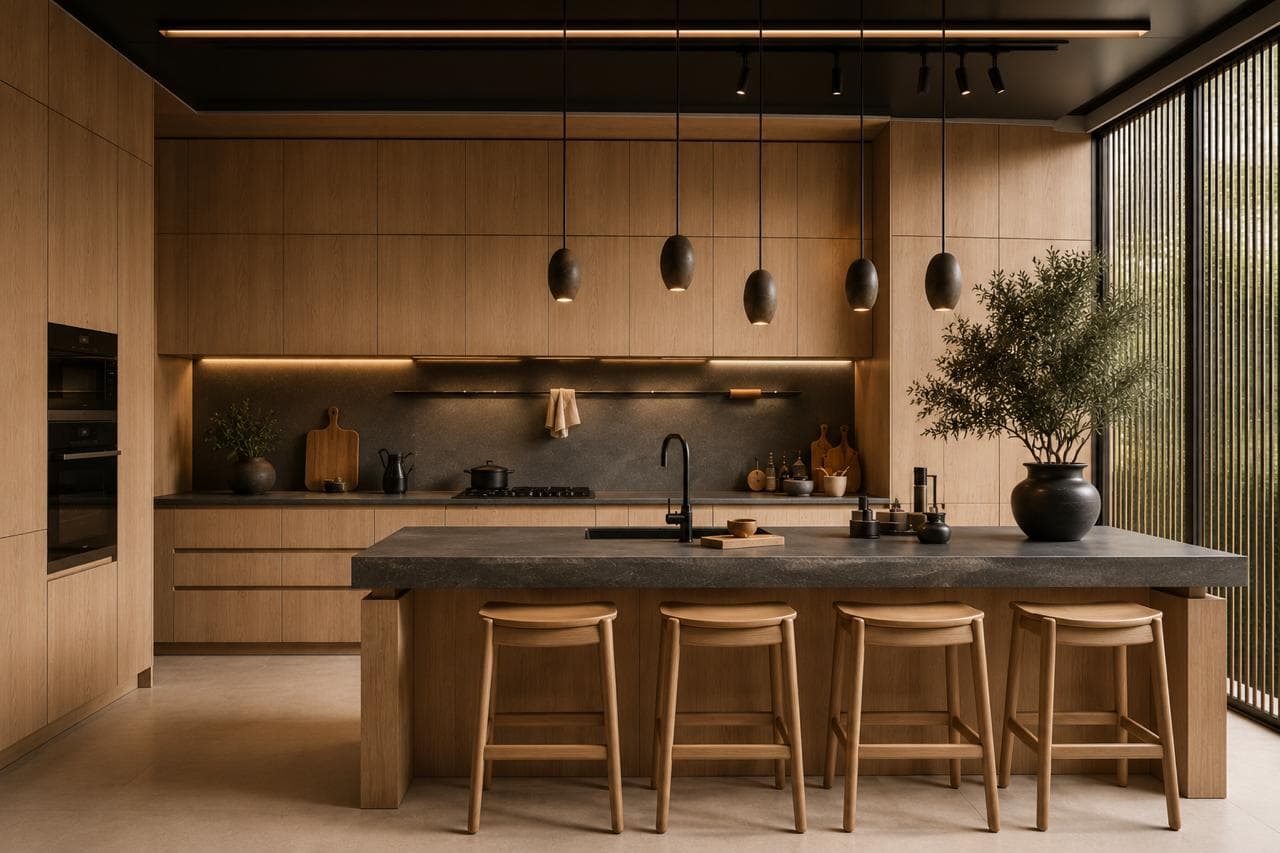 Premium island kitchen with stone worktop and four counter stools